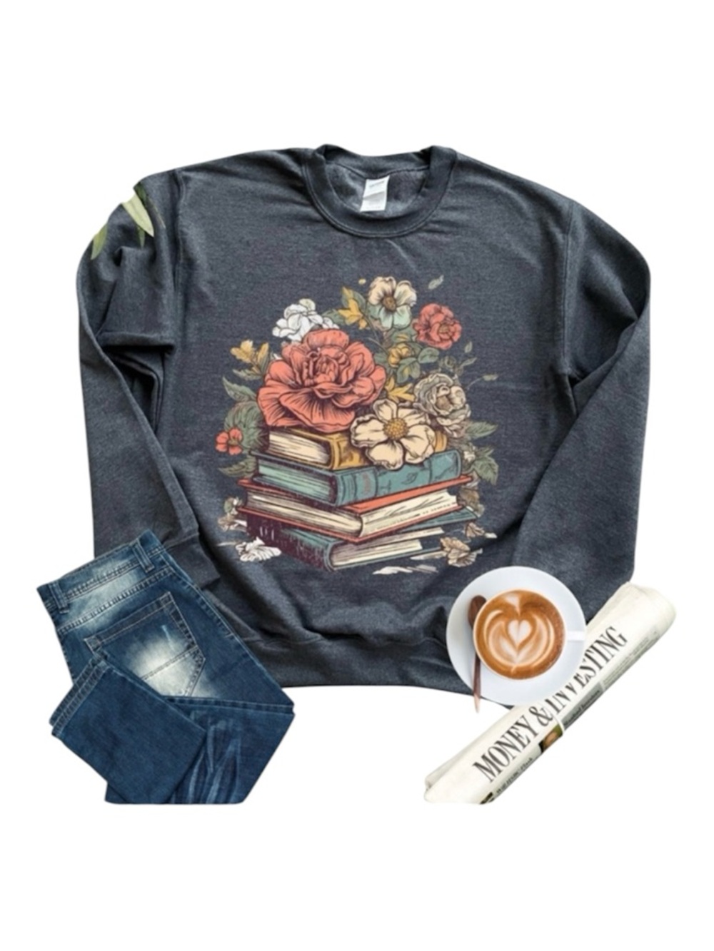 Cozy Floral Books Graphic Sweatshirt - Charcoal